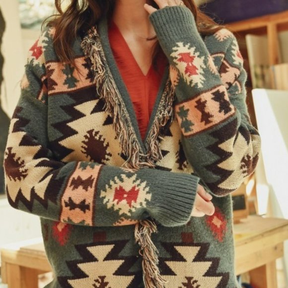 Tribal Print Aztec Fringe Detail Red Brick  Oversized Cardigan - Picture 7 of 9